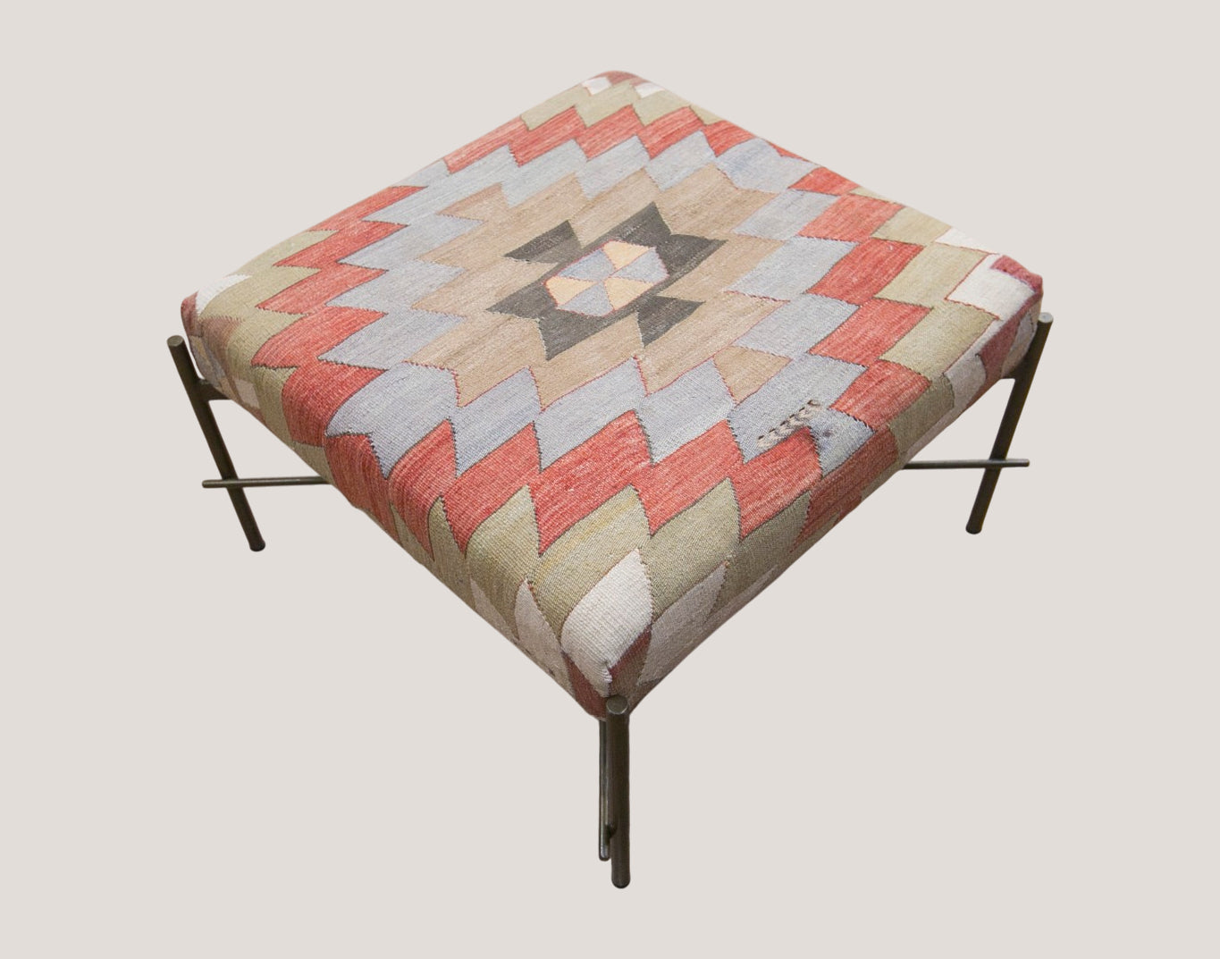 Vintage Turkish Kilim Bench | Handwoven Kilim Ottoman 2.3 x 2.3 ft, 71 x 71 cm