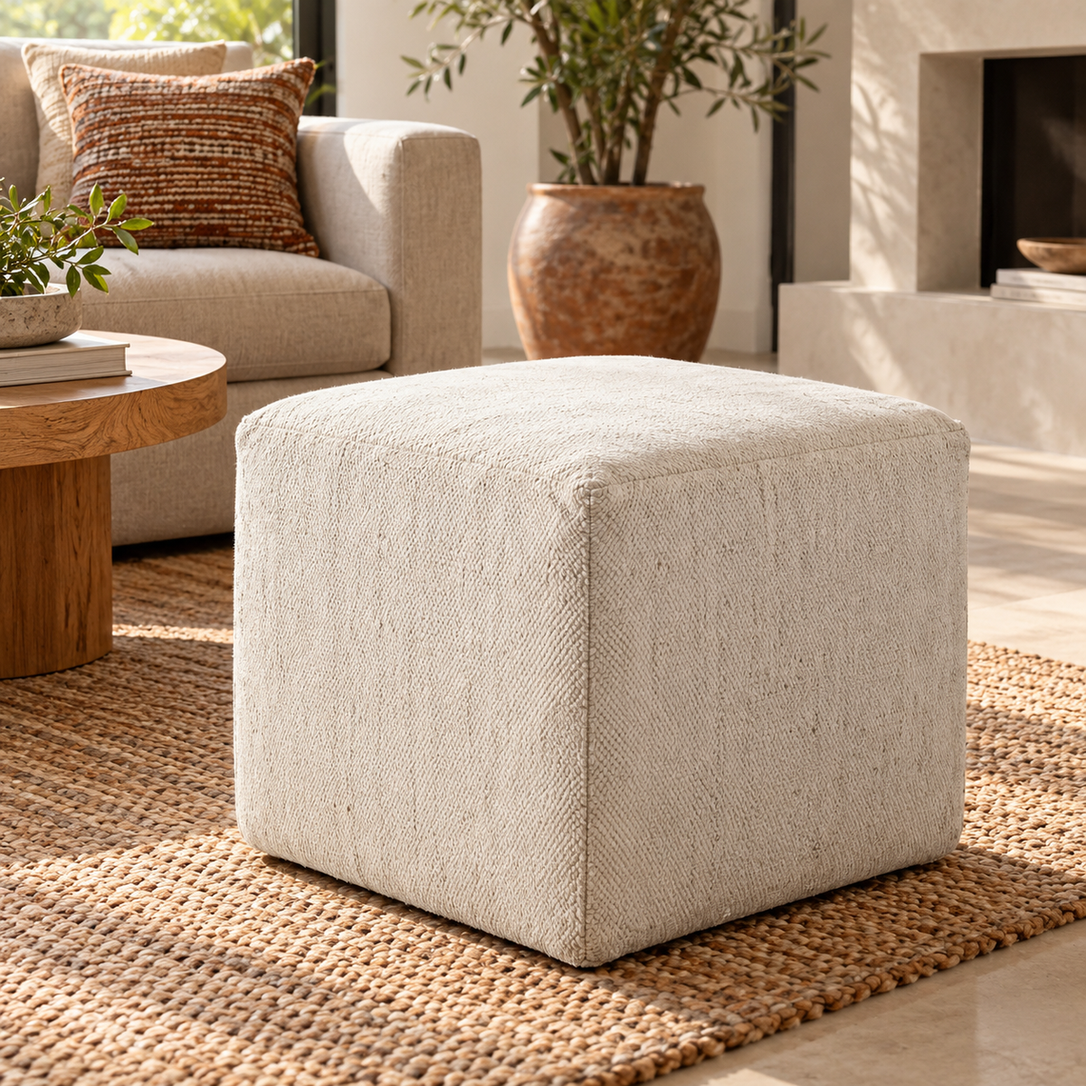 Vintage Turkish Kilim Ottoman – Cream Wool Cube Pouf, 56x56x44 cm