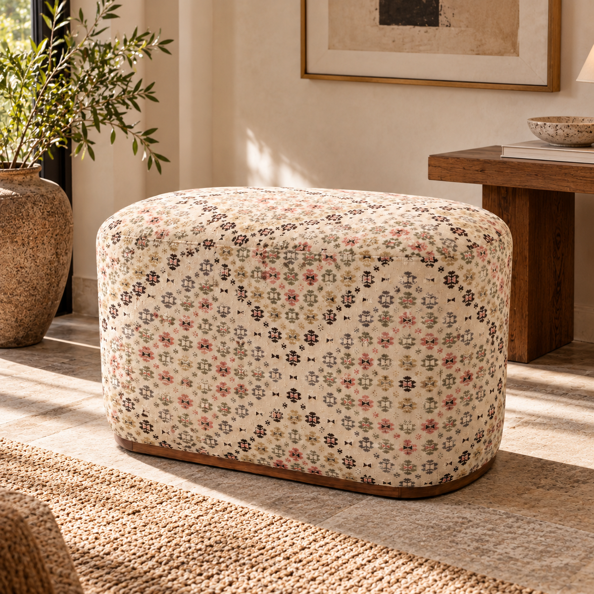 Vintage Turkish Kilim Ottoman – Floral Upholstered Bench, 90x50x58 cm