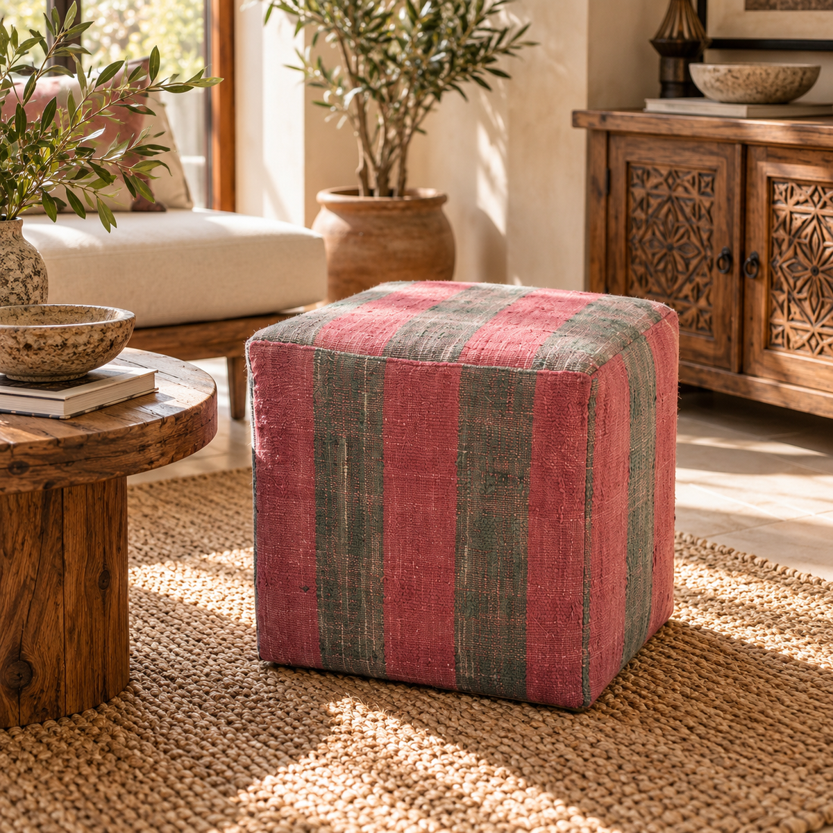 Vintage Turkish Kilim Ottoman – Pink Striped Cube Pouf, 43x43x47 cm