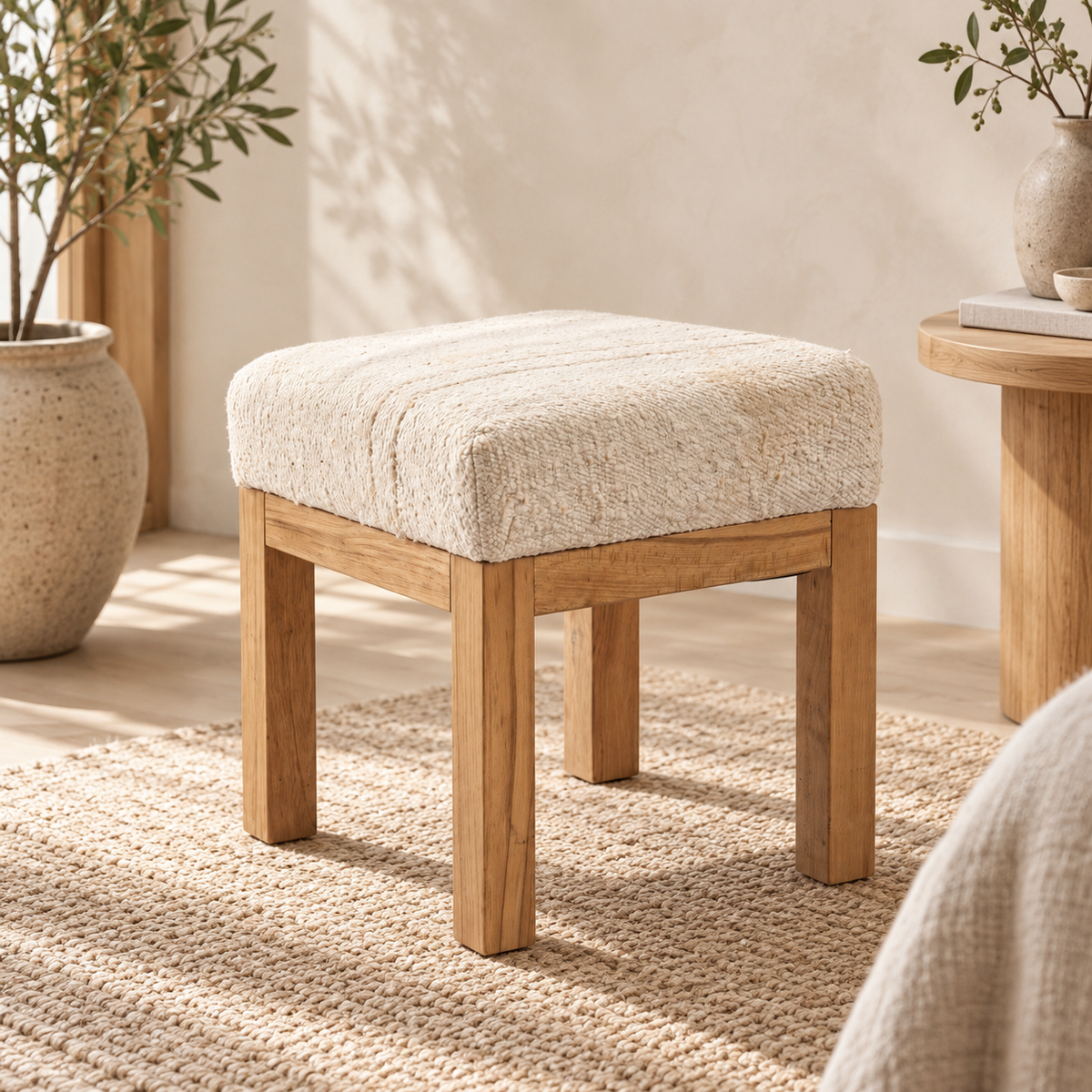 Vintage Turkish Rug Stool – Cream Wool Ottoman, 46x46x47 cm