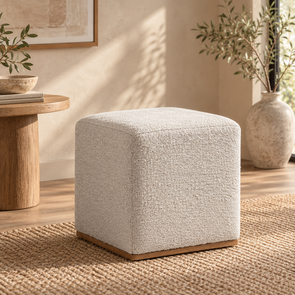 Vintage Turkish Kilim Ottoman – Cream Wool Cube Pouf, 45x45x47 cm