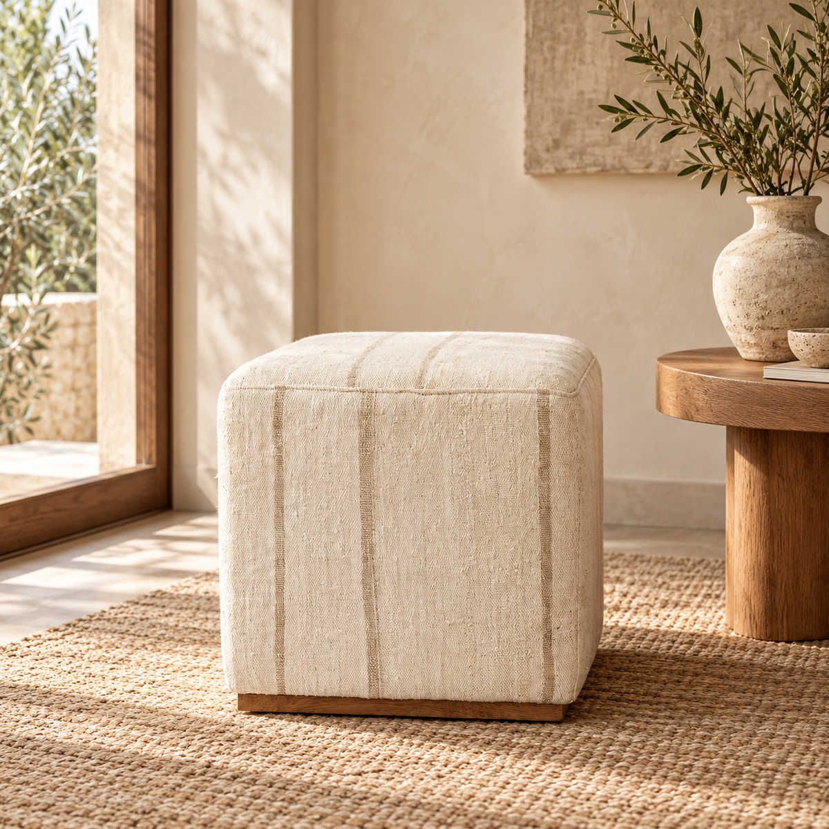 Vintage Turkish Kilim Ottoman – Cream Striped Cube Pouf, 47x47x47 cm