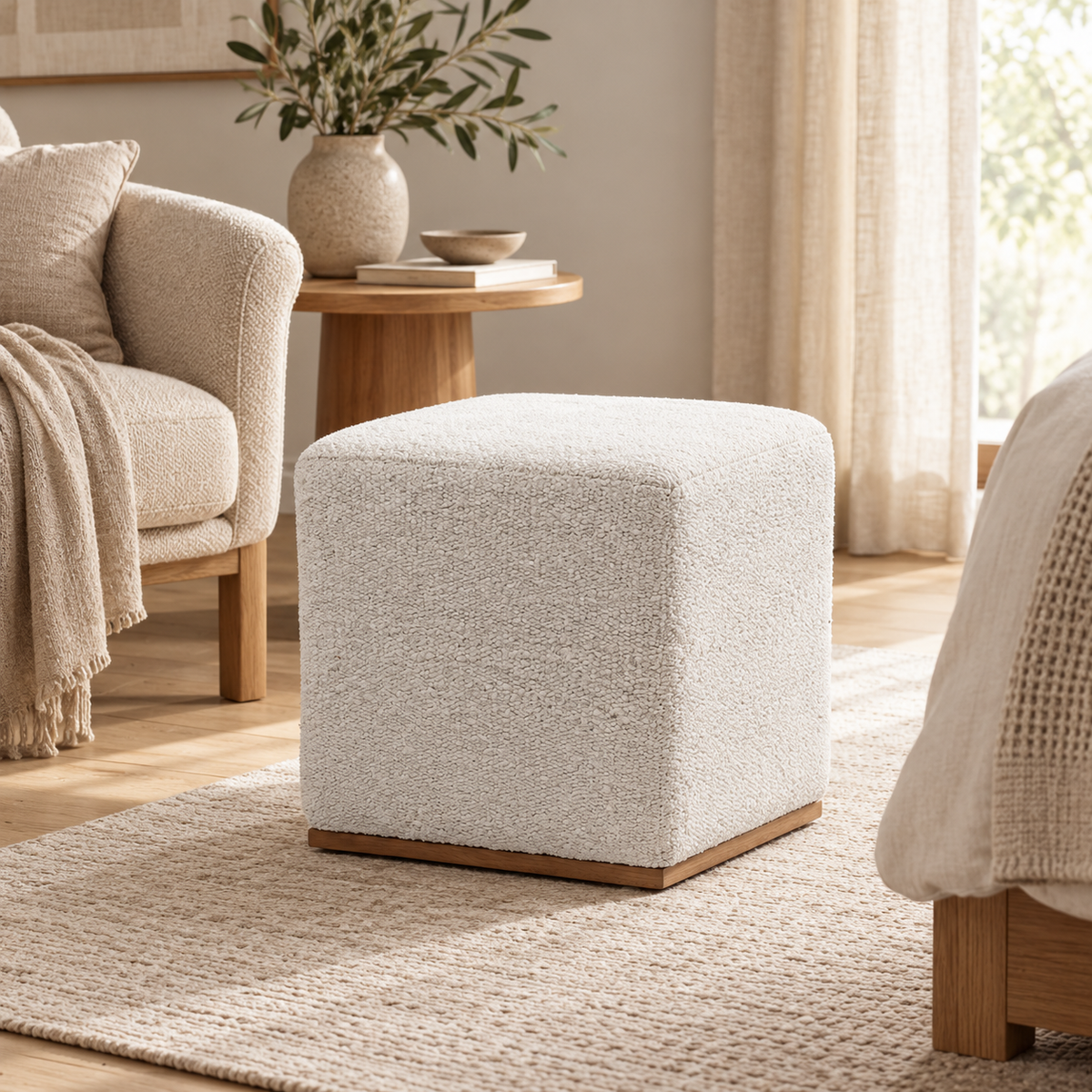 Vintage Turkish Kilim Ottoman – Cream Wool Cube Pouf, 45x45x46 cm