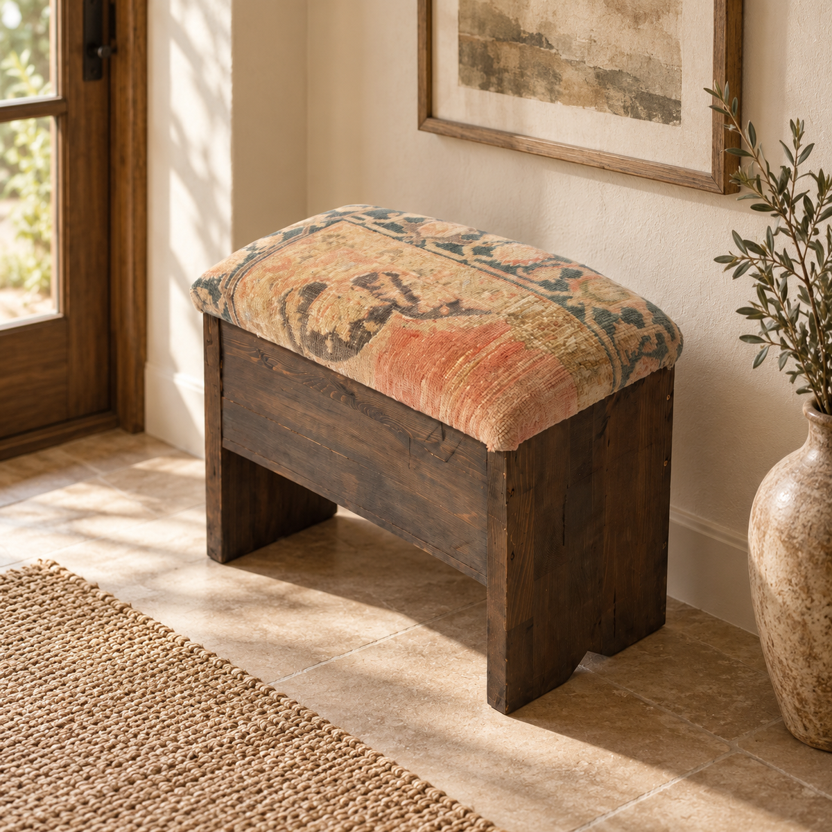 Vintage Turkish Rug Storage Bench – Upholstered Wooden Ottoman, 53x30x50 cm