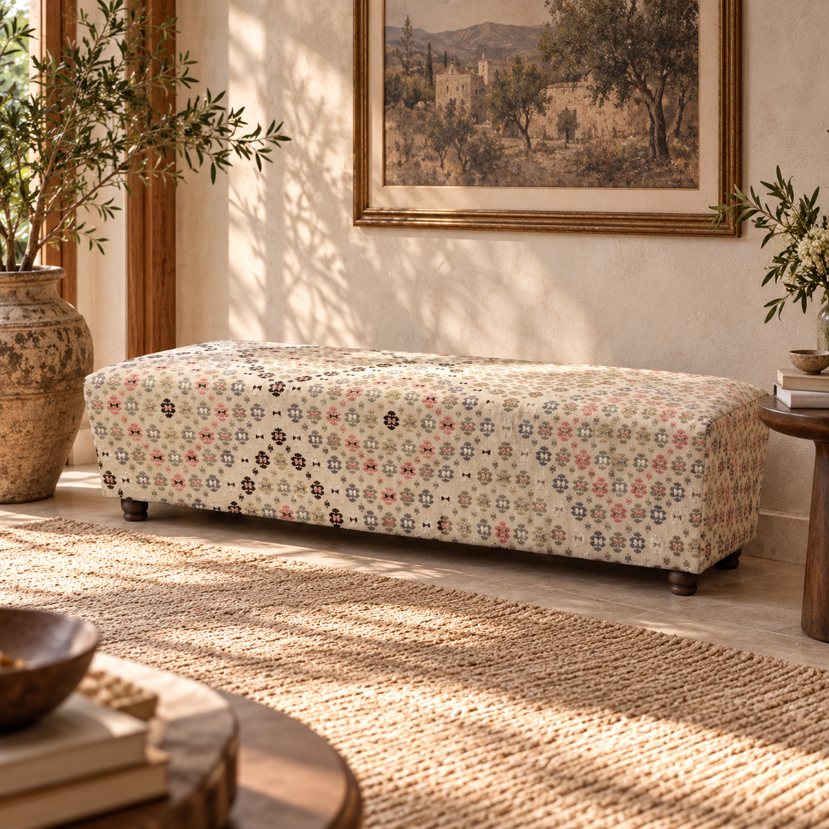 Vintage Turkish Rug Bench – Floral Upholstered Ottoman, 135x50x35 cm