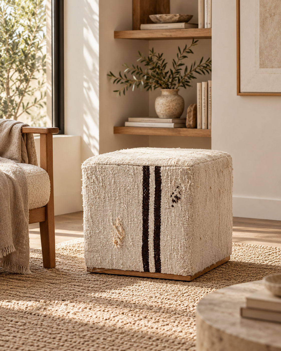 Vintage Turkish Kilim Ottoman – Cream Square Upholstered Pouf, 45x45x45 cm