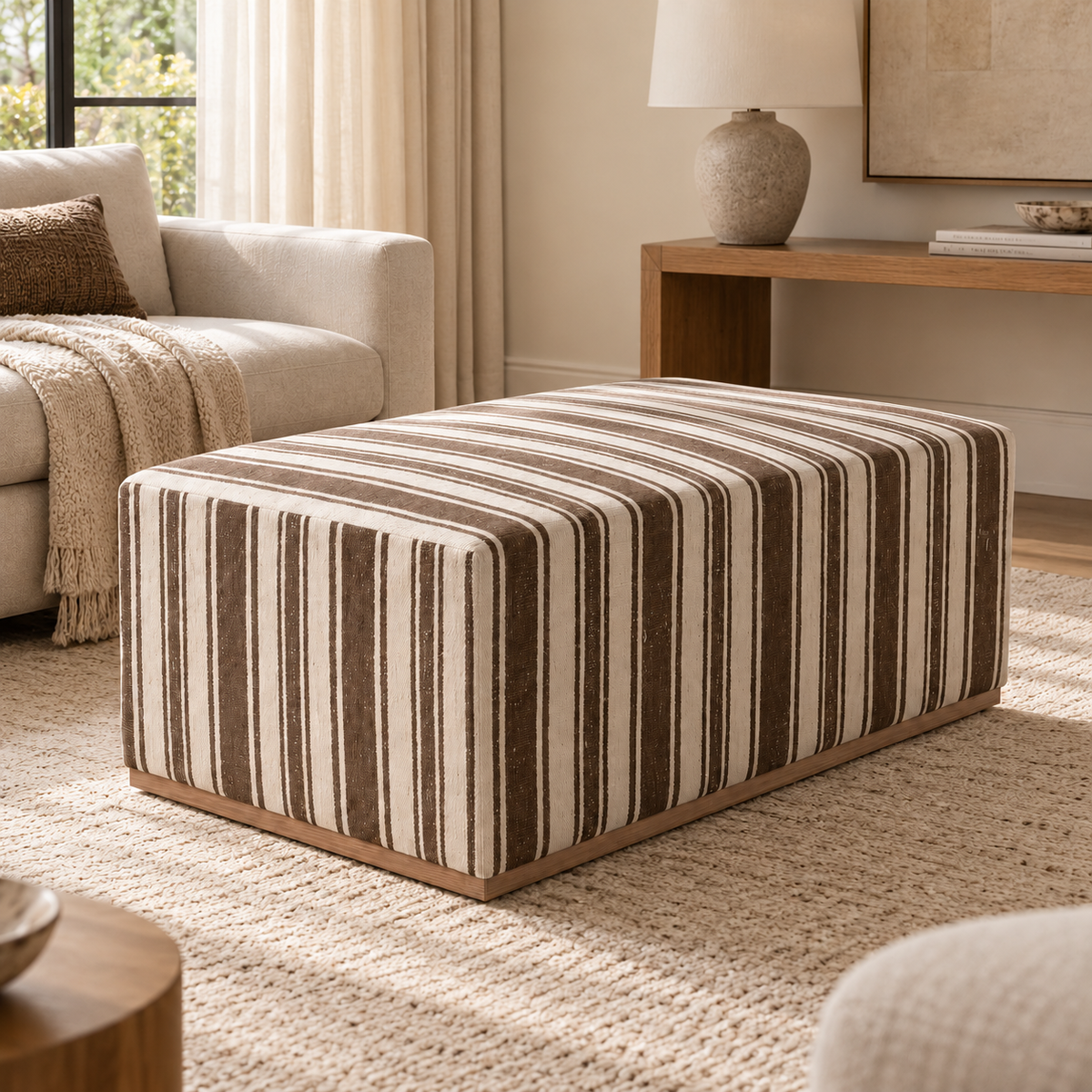 Vintage Turkish Kilim Ottoman – Brown Striped Upholstered Bench, 120x171x49 cm