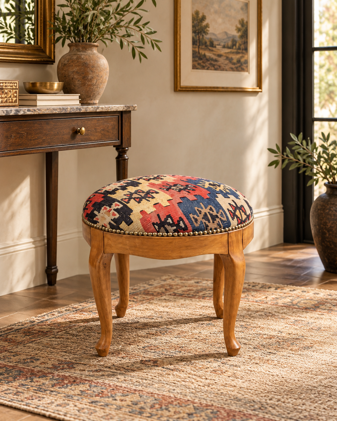 Vintage Turkish Kilim Stool – Round Wooden Ottoman, 45x45x50 cm