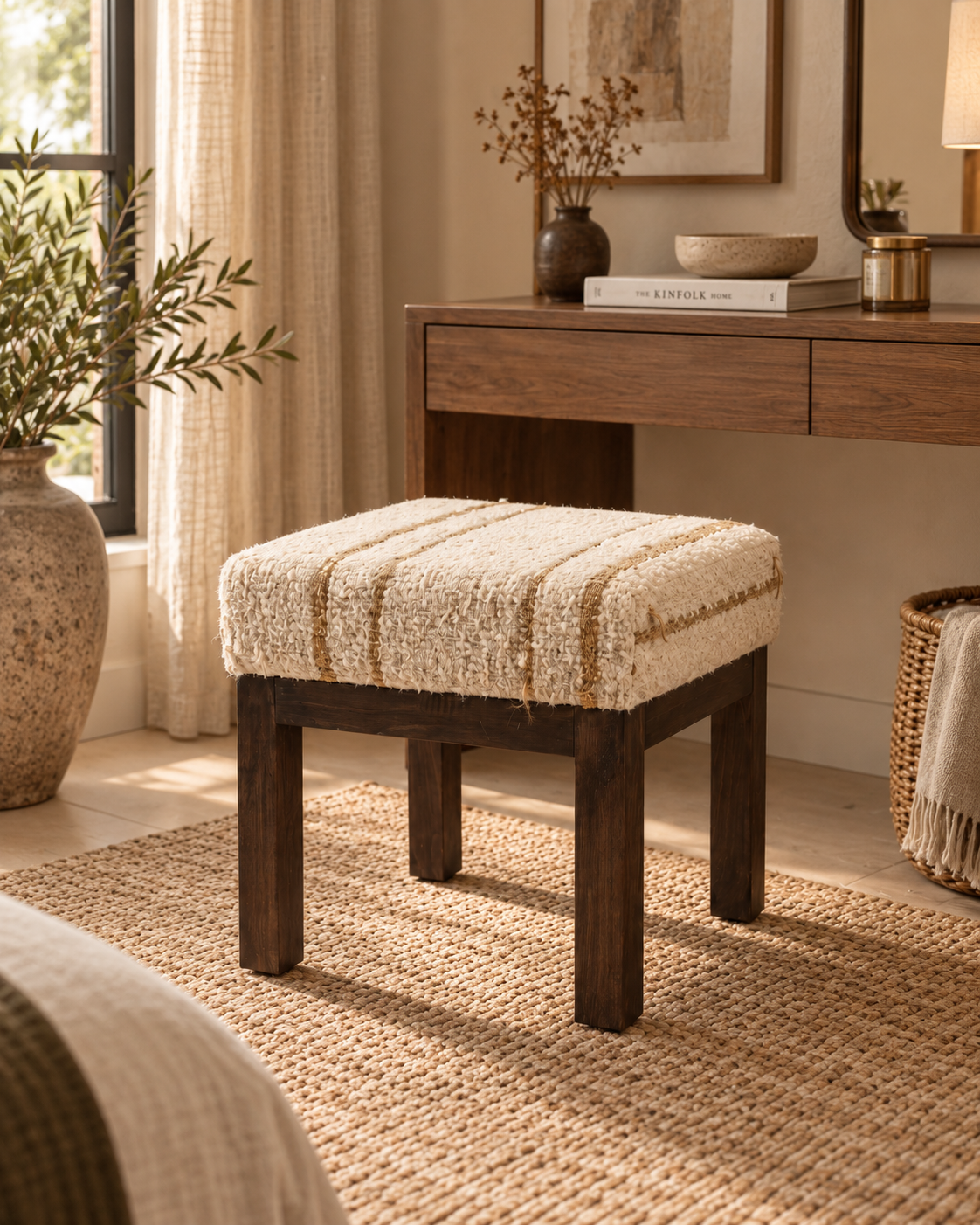 Vintage Turkish Kilim Stool – Upholstered Wooden Ottoman, 46x46x48 cm
