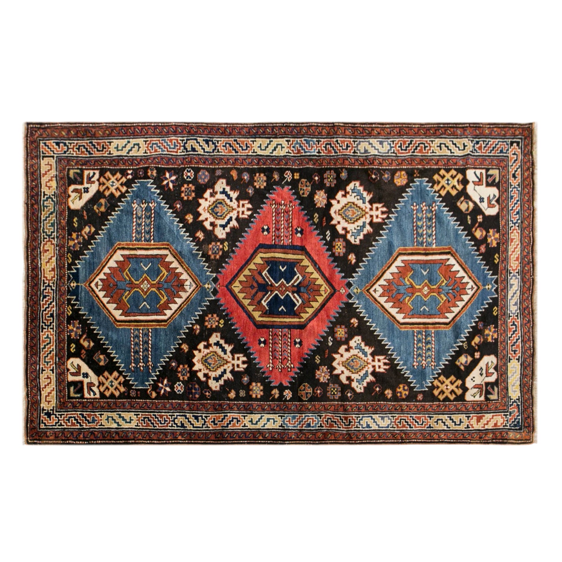 100+ Years Old Handmade Caucasian Rug, 4'0" x 6'5" (123x195 cm)