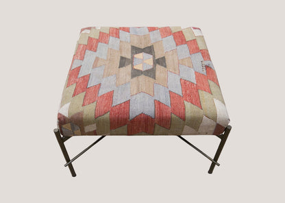 Vintage Turkish Kilim Bench | Handwoven Kilim Ottoman 2.3 x 2.3 ft, 71 x 71 cm