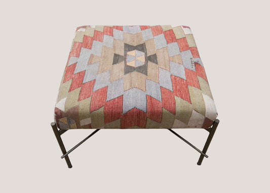 Vintage Turkish Kilim Bench | Handwoven Kilim Ottoman 2.3 x 2.3 ft, 71 x 71 cm
