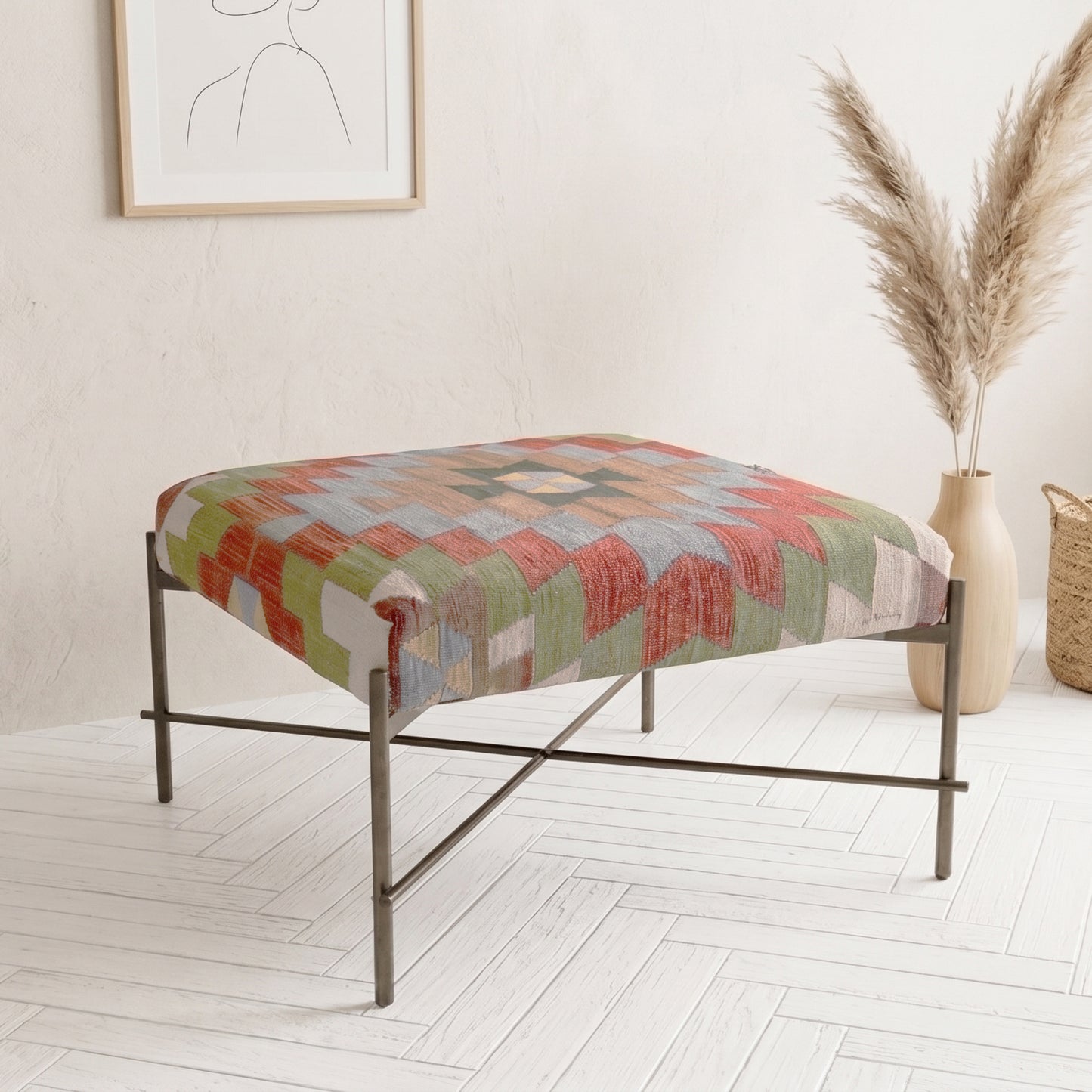 Vintage Turkish Kilim Bench | Handwoven Kilim Ottoman 2.3 x 2.3 ft, 71 x 71 cm