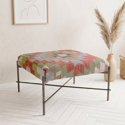 Vintage Turkish Kilim Bench | Handwoven Kilim Ottoman 2.3 x 2.3 ft, 71 x 71 cm