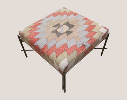 Vintage Turkish Kilim Bench | Handwoven Kilim Ottoman 2.3 x 2.3 ft, 71 x 71 cm