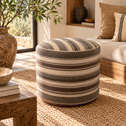 Vintage Turkish Kilim Ottoman – Brown Striped Round Pouf, 49x49x44 cm