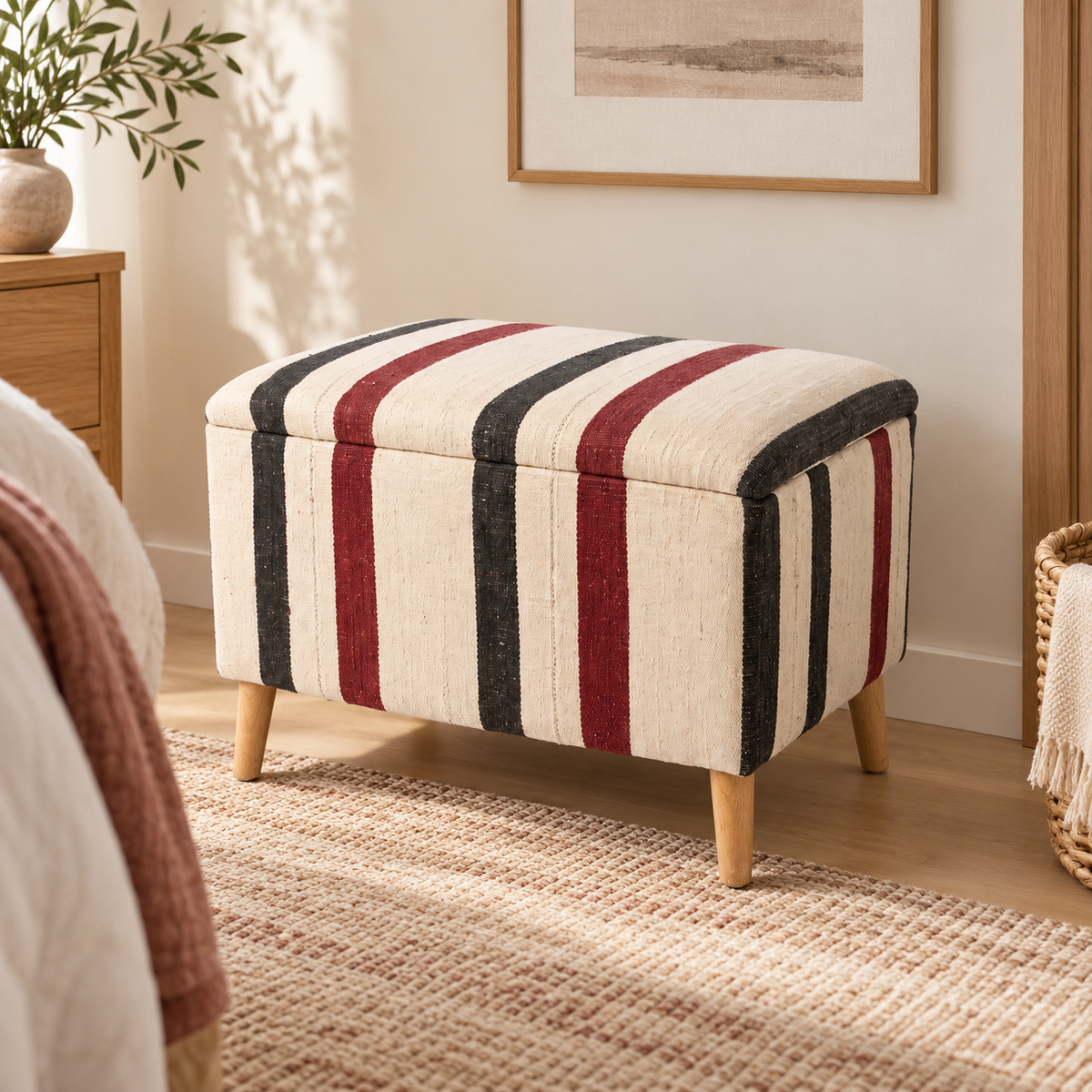 Vintage Turkish Kilim Ottoman – Burgundy Striped Upholstered Bench, 65x45x50 cm