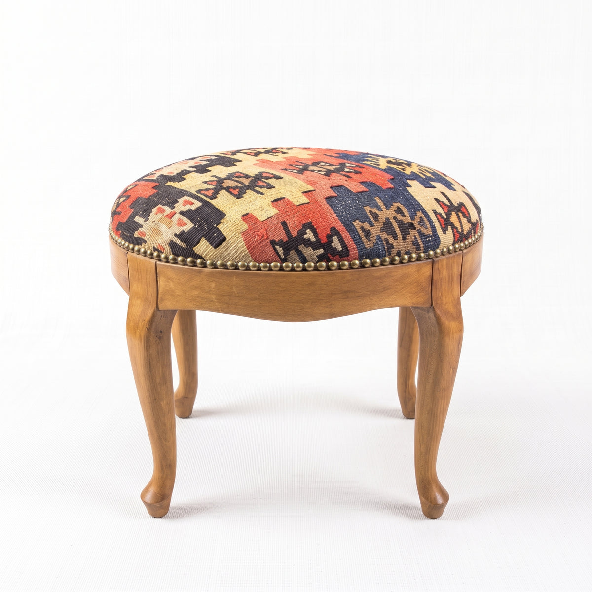 Vintage Turkish Kilim Stool – Round Wooden Ottoman, 45x45x50 cm