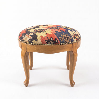 Vintage Turkish Kilim Stool – Round Wooden Ottoman, 45x45x50 cm