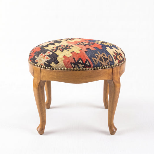 Vintage Turkish Kilim Stool – Round Wooden Ottoman, 45x45x50 cm