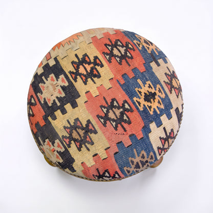 Vintage Turkish Kilim Stool – Round Wooden Ottoman, 45x45x50 cm