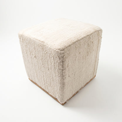 Vintage Turkish Kilim Ottoman – Cream Square Upholstered Pouf, 45x45x45 cm