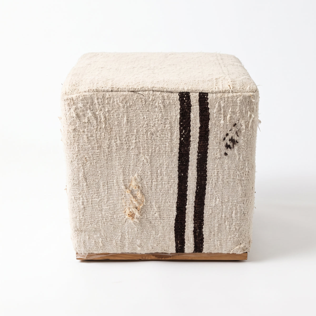 Vintage Turkish Kilim Ottoman – Cream Square Upholstered Pouf, 45x45x45 cm