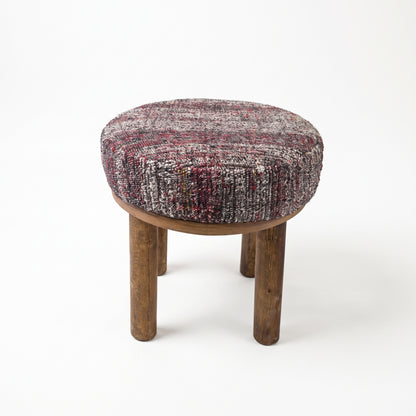 Vintage Turkish Kilim Stool – Round Wooden Ottoman, 40x40x40 cm