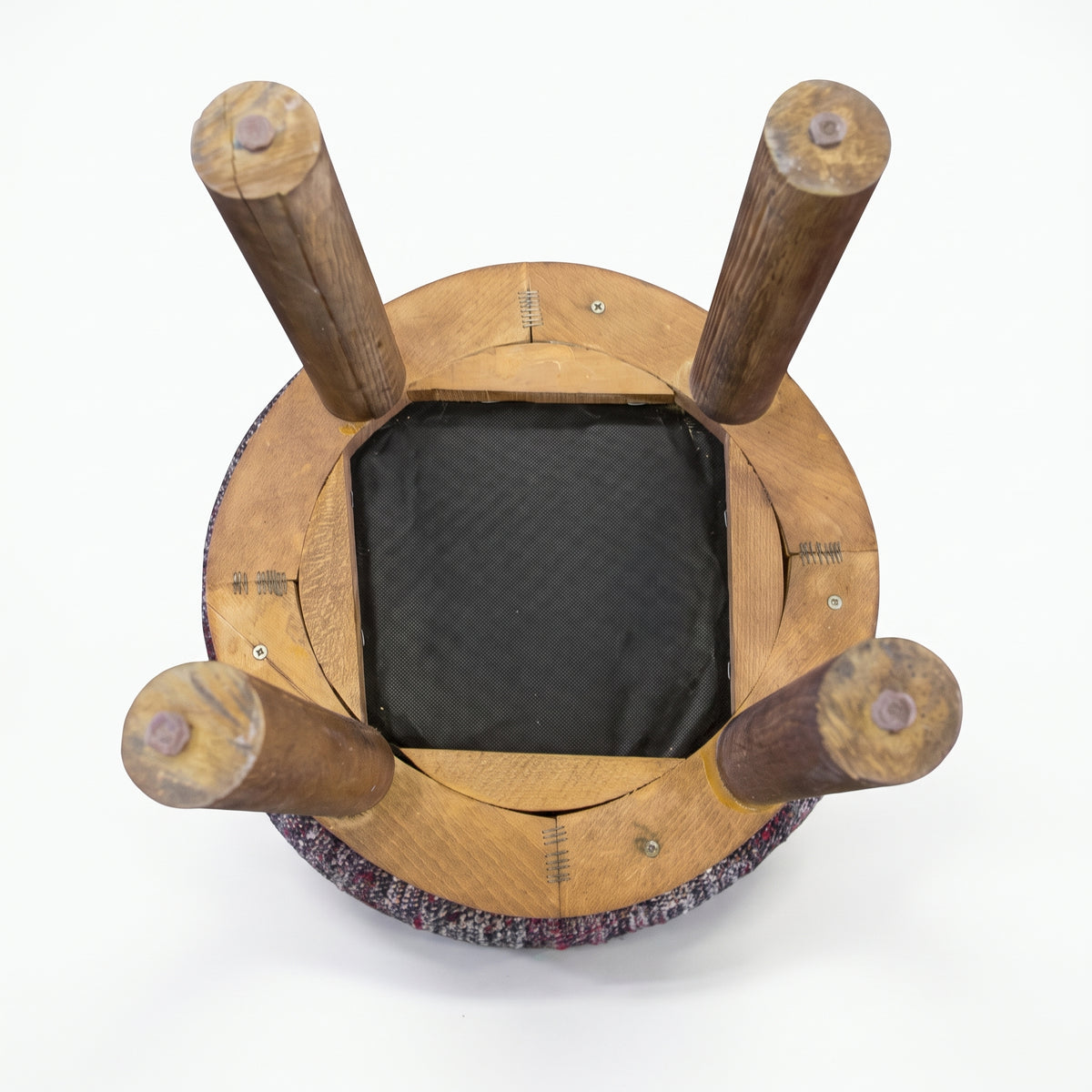 Vintage Turkish Kilim Stool – Round Wooden Ottoman, 40x40x40 cm