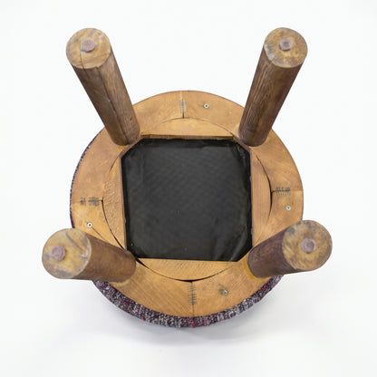 Vintage Turkish Kilim Stool – Round Wooden Ottoman, 40x40x40 cm