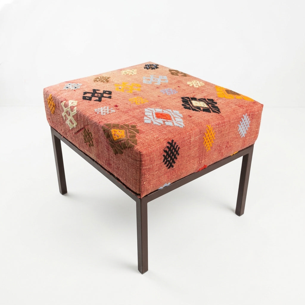 Vintage Turkish Kilim Bench – Pink Upholstered Ottoman, 68x52x47 cm