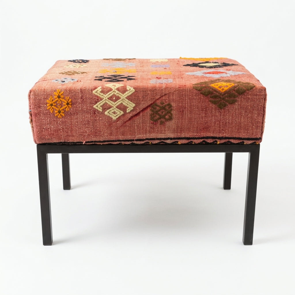 Vintage Turkish Kilim Bench – Pink Upholstered Ottoman, 68x52x47 cm