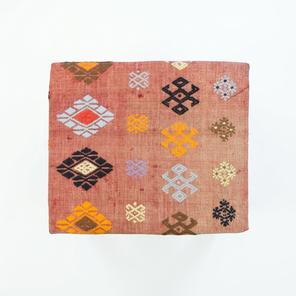 Vintage Turkish Kilim Bench – Pink Upholstered Ottoman, 68x52x47 cm