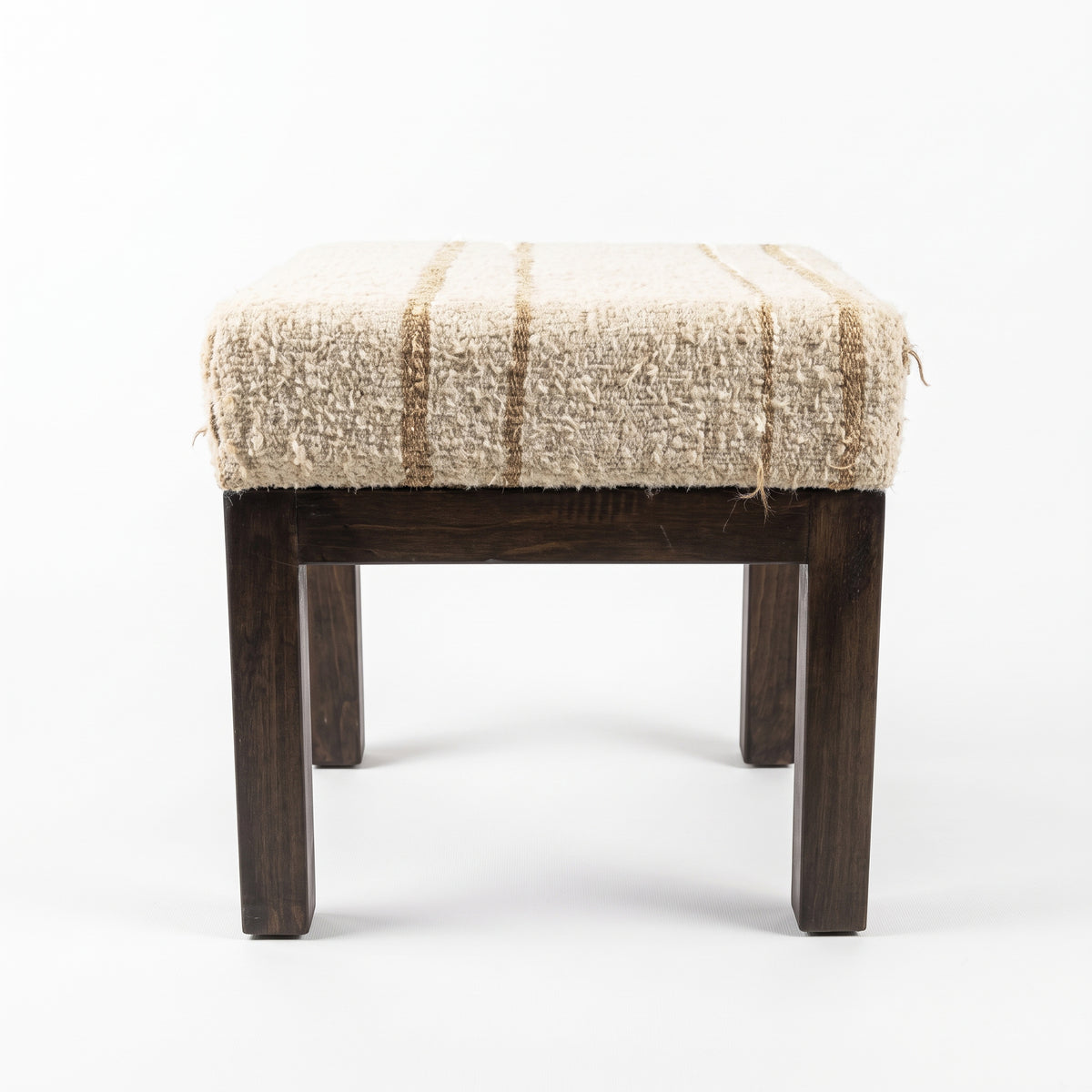 Vintage Turkish Kilim Stool – Upholstered Wooden Ottoman, 46x46x48 cm