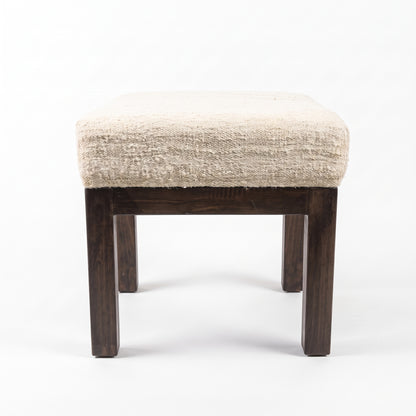 Vintage Turkish Kilim Stool – Cream Wool Ottoman, 47x47x47 cm