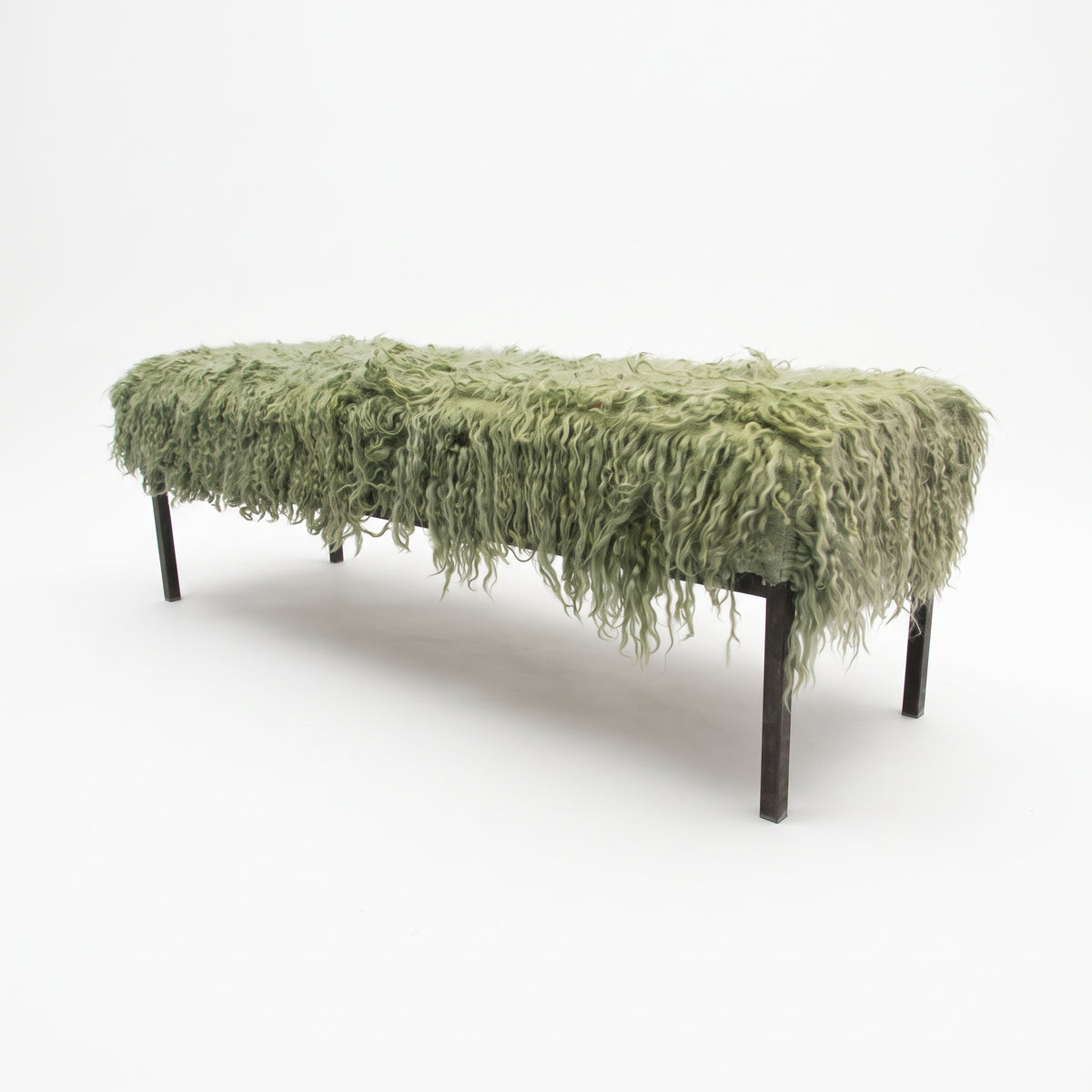 Vintage Turkish Tulu Rug Bench – Sage Green Shaggy Ottoman, 150x50x50 cm