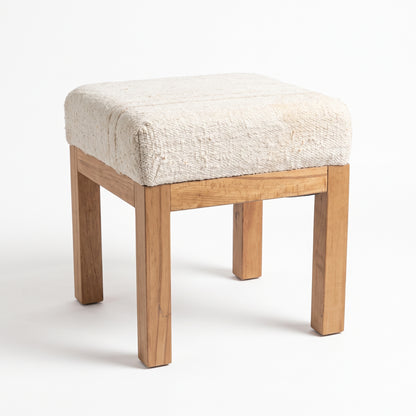 Vintage Turkish Rug Stool – Cream Wool Ottoman, 46x46x47 cm