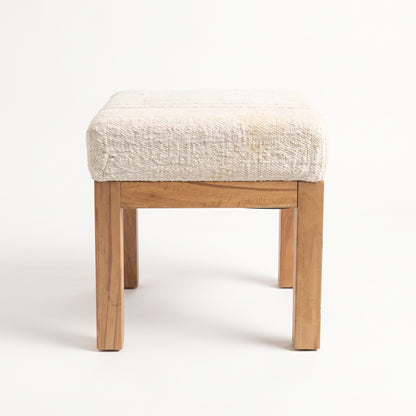 Vintage Turkish Rug Stool – Cream Wool Ottoman, 46x46x47 cm