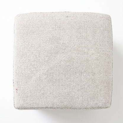 Vintage Turkish Kilim Ottoman – Cream Wool Cube Pouf, 45x45x47 cm