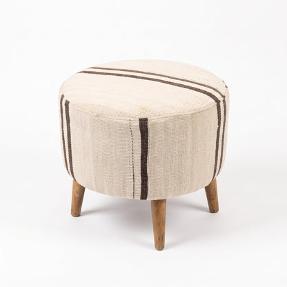 Vintage Turkish Kilim Ottoman – Round Cream Wool Pouf, 50x50x46 cm
