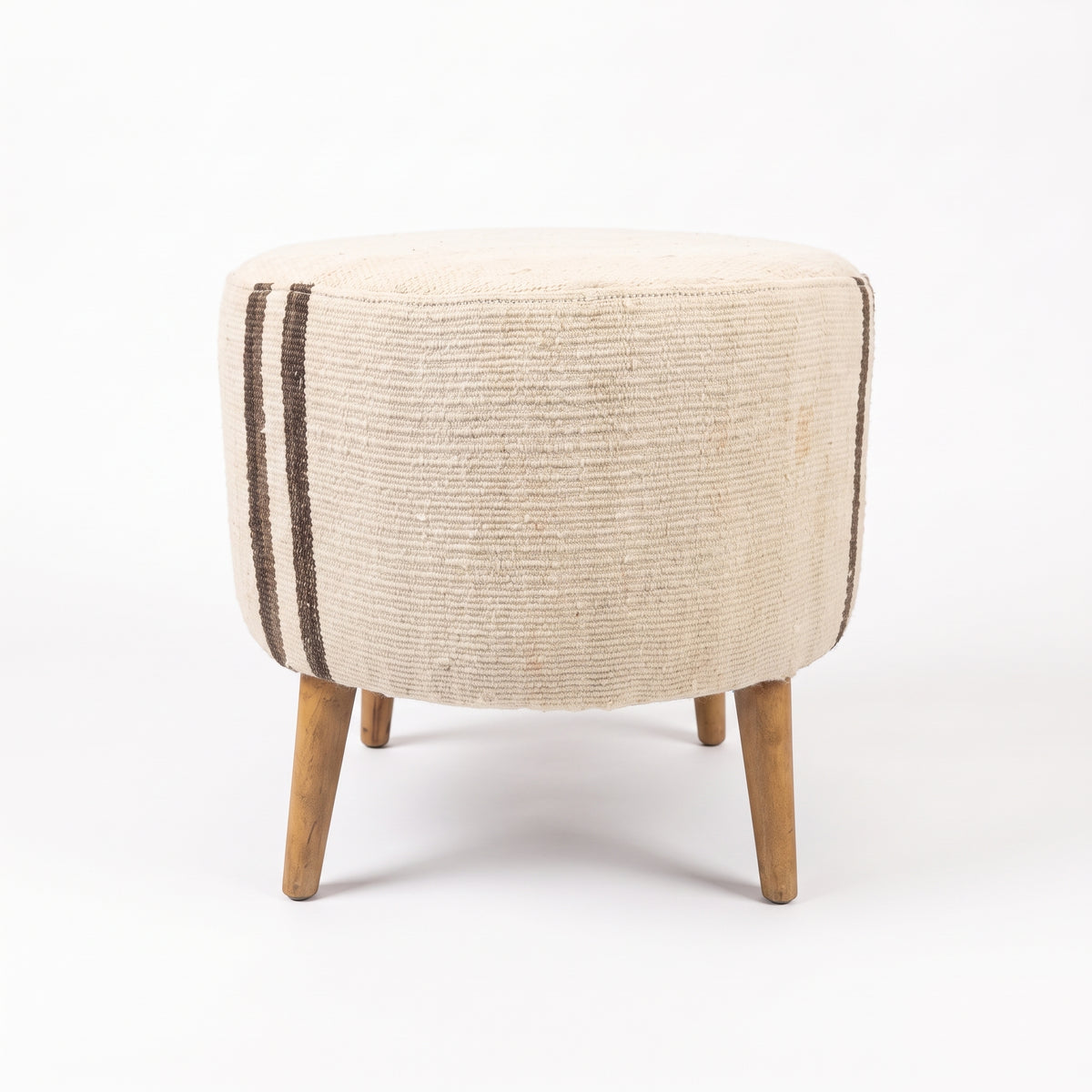 Vintage Turkish Kilim Ottoman – Round Cream Wool Pouf, 50x50x46 cm