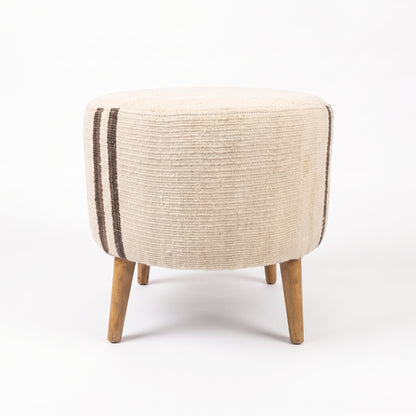 Vintage Turkish Kilim Ottoman – Round Cream Wool Pouf, 50x50x46 cm