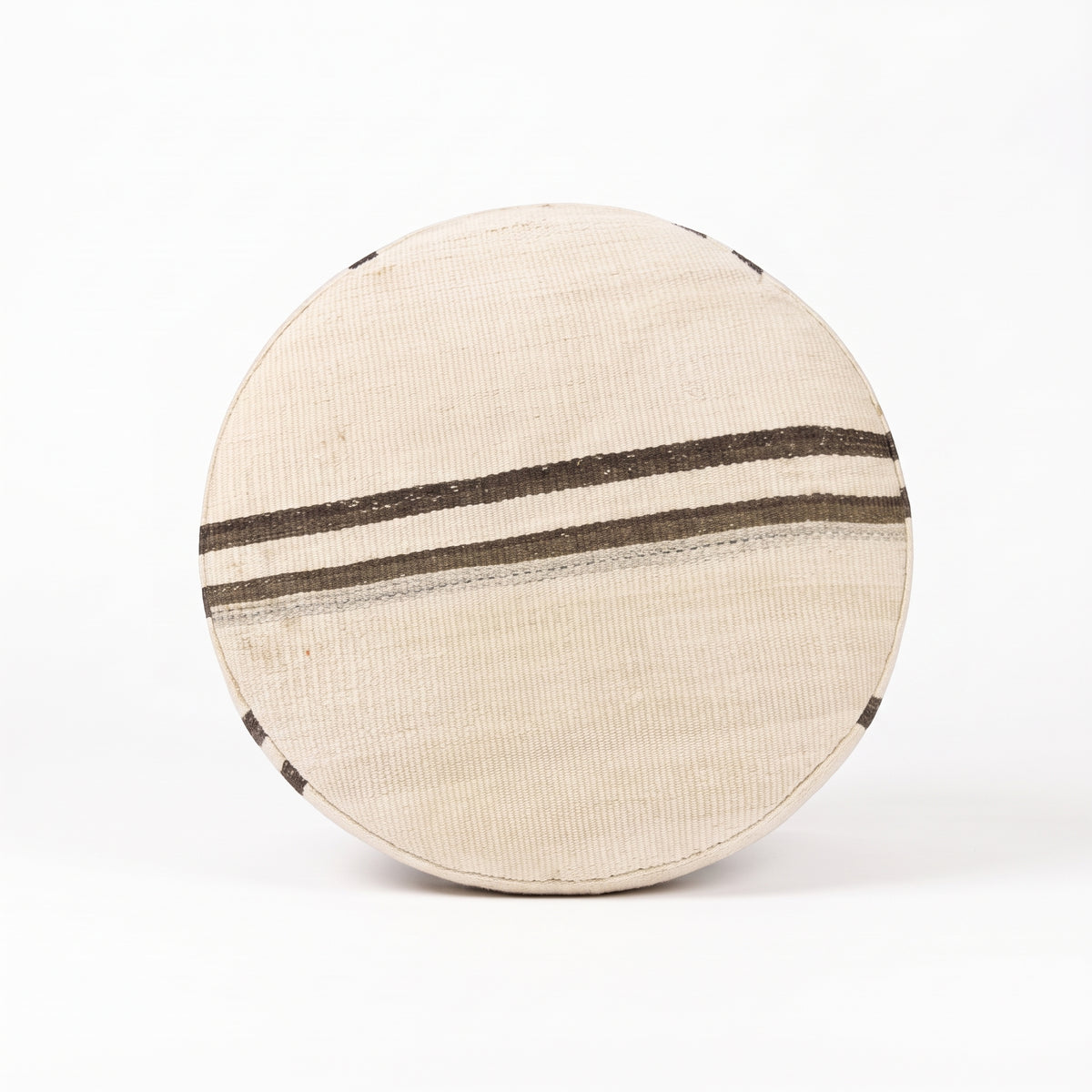 Vintage Turkish Kilim Ottoman – Round Cream Wool Pouf, 50x50x46 cm