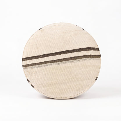 Vintage Turkish Kilim Ottoman – Round Cream Wool Pouf, 50x50x46 cm