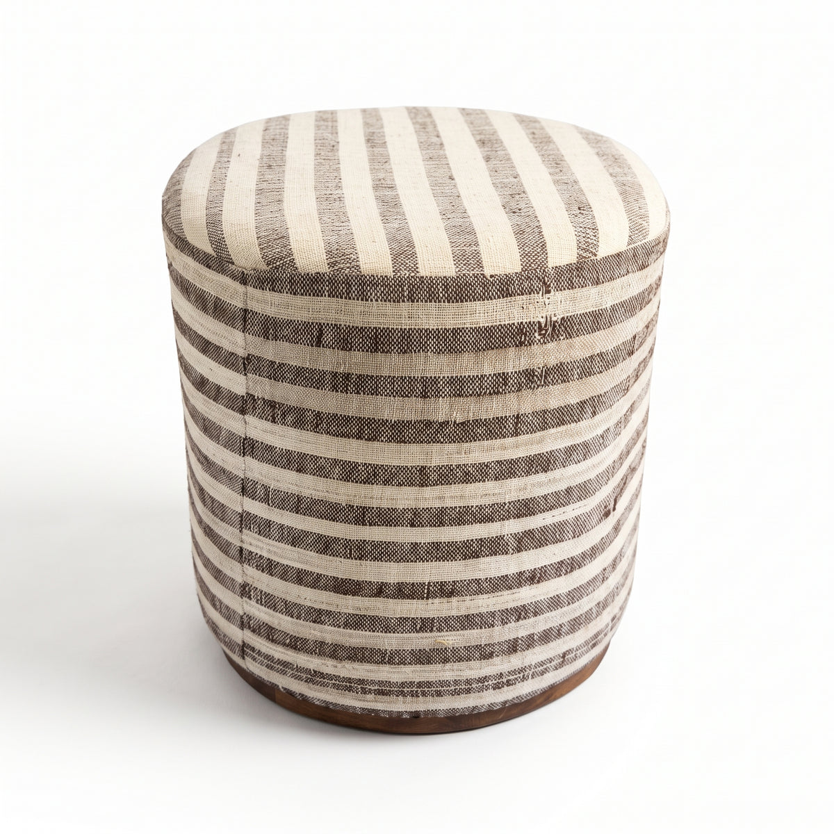 Vintage Turkish Kilim Ottoman – Brown Striped Round Pouf, 36x40x42 cm