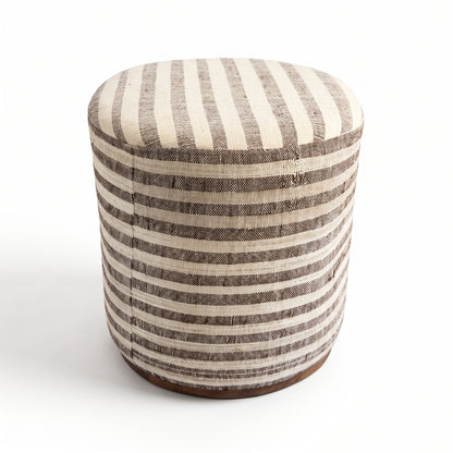 Vintage Turkish Kilim Ottoman – Brown Striped Round Pouf, 36x40x42 cm