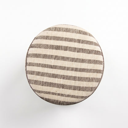 Vintage Turkish Kilim Ottoman – Brown Striped Round Pouf, 36x40x42 cm