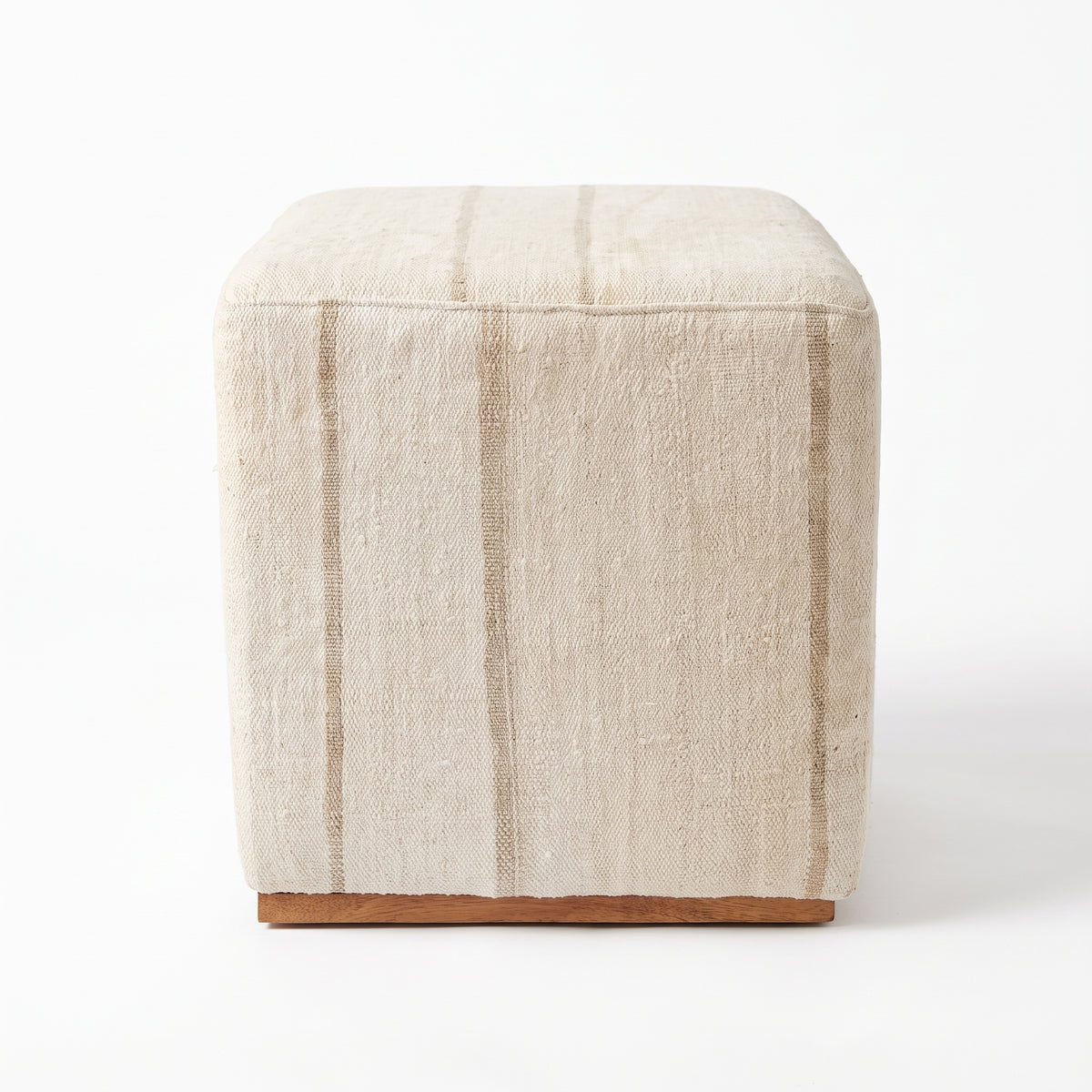 Vintage Turkish Kilim Ottoman – Cream Striped Cube Pouf, 47x47x47 cm