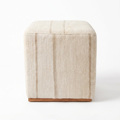 Vintage Turkish Kilim Ottoman – Cream Striped Cube Pouf, 47x47x47 cm